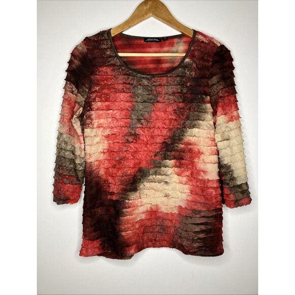 Y2K Notations Red Brown Ruffle Blouse 3/4 Sleeve Small - Picture 1 of 9